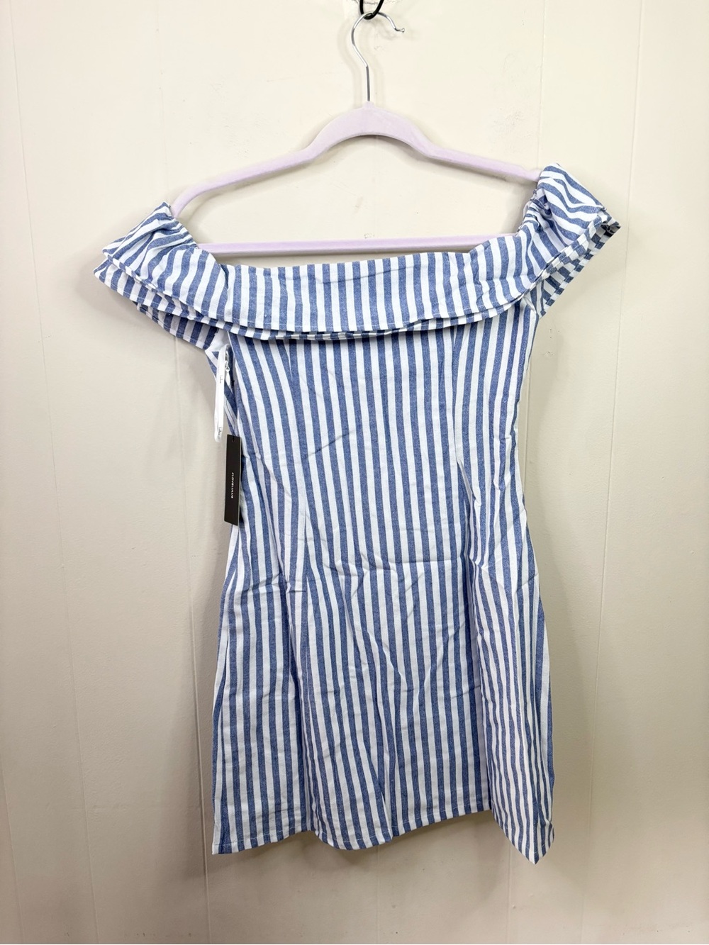 Lulus Seaside Skipper Blue Striped Off-the-Shoulder Mini Dress size SM new - Picture 6 of 6